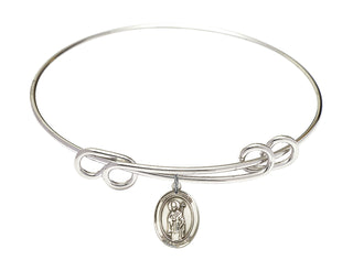 8 1/2 inch Round Double Loop Rhodium Bangle Bracelet with a Sterling Silver Saint Ronan charm. Engraved Catholic Saint Jewelry