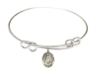 8 1/2 inch Round Double Loop Rhodium Bangle Bracelet with a Sterling Silver Saint Edburga of Winchester charm. Engraved Catholic Saint Jewelry