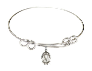 8 1/2 inch Round Double Loop Rhodium Bangle Bracelet with a Sterling Silver Saint Luigi Orione charm. Engraved Catholic Saint Jewelry