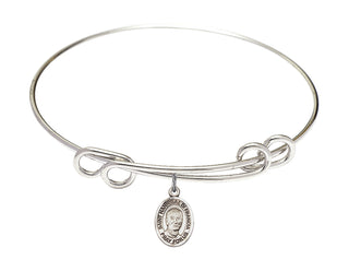 8 1/2 inch Round Double Loop Rhodium Bangle Bracelet with a Sterling Silver Saint Hannibal charm. Engraved Catholic Saint Jewelry