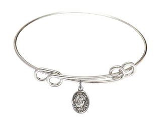 8 1/2 inch Round Double Loop Rhodium Bangle Bracelet with a Sterling Silver Saint Catherine of Sweden charm. Engraved Catholic Saint Jewelry