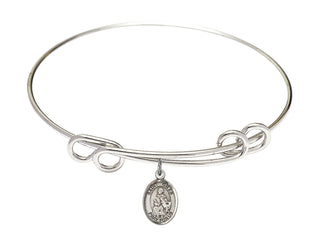 8 1/2 inch Round Double Loop Rhodium Bangle Bracelet with a Sterling Silver Saint Giles charm. Engraved Catholic Saint Jewelry