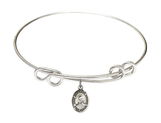 8 1/2 inch Round Double Loop Rhodium Bangle Bracelet with a Sterling Silver Saint Josemaria Escriva charm. Engraved Catholic Saint Jewelry