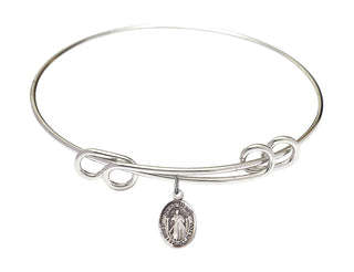 8 1/2 inch Round Double Loop Rhodium Bangle Bracelet with a Sterling Silver Divine Mercy charm.