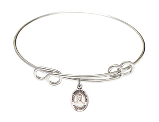 8 1/2 inch Round Double Loop Rhodium Bangle Bracelet with a Sterling Silver Saint John Berchmans charm. Engraved Catholic Saint Jewelry