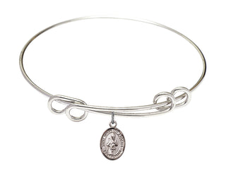8 1/2 inch Round Double Loop Rhodium Bangle Bracelet with a Sterling Silver Saint Simon the Apostle charm. Engraved Catholic Saint Jewelry