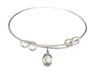 8 1/2 inch Round Double Loop Rhodium Bangle Bracelet with a Sterling Silver Saint Theodora charm. Engraved Catholic Saint Jewelry