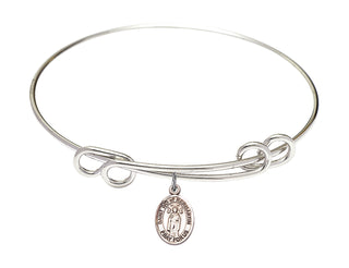 8 1/2 inch Round Double Loop Rhodium Bangle Bracelet with a Sterling Silver Saint Ivo of Kelmartin charm. Engraved Catholic Saint Jewelry