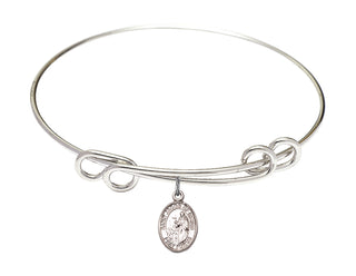 8 1/2 inch Round Double Loop Rhodium Bangle Bracelet with a Sterling Silver Saint Jacob of Nisibis charm. Engraved Catholic Saint Jewelry