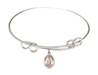 8 1/2 inch Round Double Loop Rhodium Bangle Bracelet with a Sterling Silver Saint Nathanael charm. Engraved Catholic Saint Jewelry