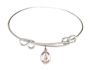 8 1/2 inch Round Double Loop Rhodium Bangle Bracelet with a Sterling Silver Saint Eligius charm. Engraved Catholic Saint Jewelry