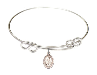 8 1/2 inch Round Double Loop Rhodium Bangle Bracelet with a Sterling Silver Saint Margaret of Scotland charm. Engraved Catholic Saint Jewelry