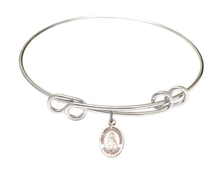 8 1/2 inch Round Double Loop Rhodium Bangle Bracelet with a Sterling Silver Saint Lydia Purpuraria charm. Engraved Catholic Saint Jewelry
