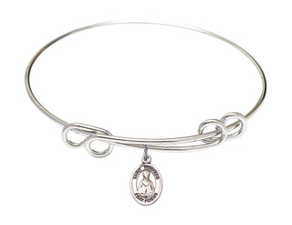 8 1/2 inch Round Double Loop Rhodium Bangle Bracelet with a Sterling Silver Saint Winifred of Wales charm. Engraved Catholic Saint Jewelry