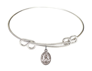 8 1/2 inch Round Double Loop Rhodium Bangle Bracelet with a Sterling Silver Saint Andre Bessette charm. Engraved Catholic Saint Jewelry