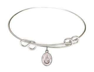 8 1/2 inch Round Double Loop Rhodium Bangle Bracelet with a Sterling Silver Saint Jadwiga of Poland charm. Engraved Catholic Saint Jewelry