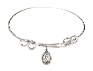 8 1/2 inch Round Double Loop Rhodium Bangle Bracelet with a Sterling Silver Saint Kateri Tekakwitha charm. Engraved Catholic Saint Jewelry