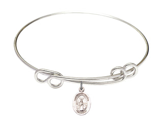 8 1/2 inch Round Double Loop Rhodium Bangle Bracelet with a Sterling Silver Saint Medard of Noyon charm. Engraved Catholic Saint Jewelry