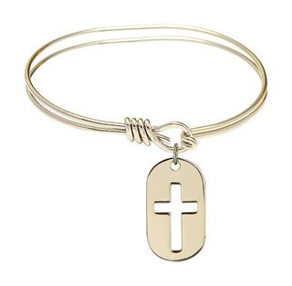 5 3/4 inch Oval Eye Hook Hamilton Gold Bangle Bracelet with a 14kt Gold Filled Cross Dog Tag charm.