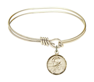 5 3/4 inch Oval Eye Hook Hamilton Gold Bangle Bracelet with a 14kt Gold Filled Scapular charm. Engraved Catholic Saint Jewelry