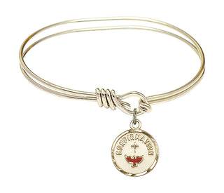 5 3/4 inch Oval Eye Hook Hamilton Gold Bangle Bracelet with a 14kt Gold Filled Confirmation charm. Engraved Catholic Saint Jewelry