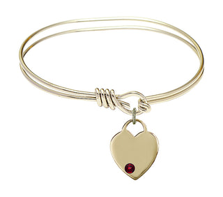 5 3/4 inch Oval Eye Hook Hamilton Gold Bangle Bracelet with a 14kt Gold Filled Heart charm. Engraved Catholic Saint Jewelry