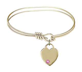 5 3/4 inch Oval Eye Hook Hamilton Gold Bangle Bracelet with a 14kt Gold Filled Heart charm. Engraved Catholic Saint Jewelry