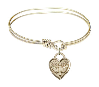 5 3/4 inch Oval Eye Hook Hamilton Gold Bangle Bracelet with a 14kt Gold Filled Confirmation Heart charm. Engraved Catholic Saint Jewelry