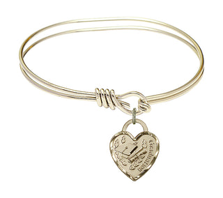 5 3/4 inch Oval Eye Hook Hamilton Gold Bangle Bracelet with a 14kt Gold Filled Graduation Heart charm. Engraved Catholic Saint Jewelry