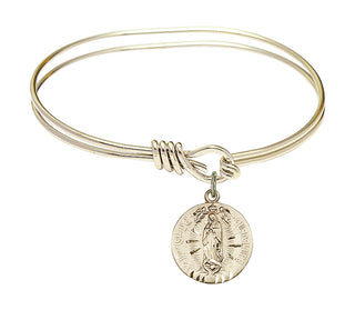 5 3/4 inch Oval Eye Hook Hamilton Gold Bangle Bracelet with a 14kt Gold Filled Our Lady of Guadalupe charm.