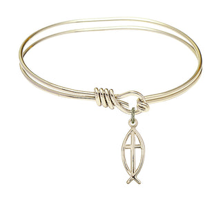 5 3/4 inch Oval Eye Hook Hamilton Gold Bangle Bracelet with a 14kt Gold Filled Fish / Cross charm.