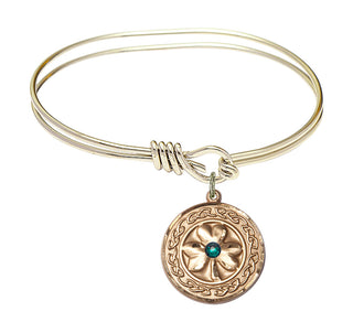 5 3/4 inch Oval Eye Hook Hamilton Gold Bangle Bracelet with a 14kt Gold Filled Shamrock with Celtic Border charm.