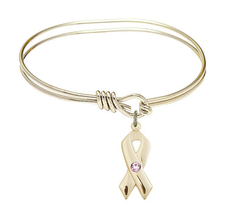 5 3/4 inch Oval Eye Hook Hamilton Gold Bangle Bracelet with a 14kt Gold Filled Cancer Awareness charm.