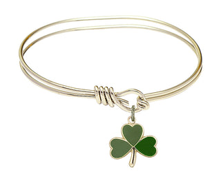 5 3/4 inch Oval Eye Hook Hamilton Gold Bangle Bracelet with a 14kt Gold Filled Shamrock charm.