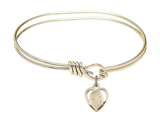 5 3/4 inch Oval Eye Hook Hamilton Gold Bangle Bracelet with a 14kt Gold Filled Guardian Angel charm. Engraved Catholic Saint Jewelry
