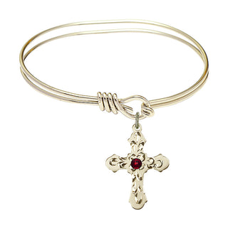 5 3/4 inch Oval Eye Hook Hamilton Gold Bangle Bracelet with a 14kt Gold Filled Cross charm. Engraved Catholic Saint Jewelry