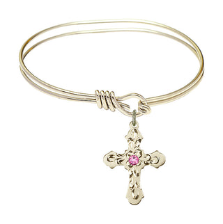 5 3/4 inch Oval Eye Hook Hamilton Gold Bangle Bracelet with a 14kt Gold Filled Cross charm. Engraved Catholic Saint Jewelry