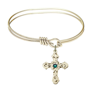 5 3/4 inch Oval Eye Hook Hamilton Gold Bangle Bracelet with a 14kt Gold Filled Cross charm. Engraved Catholic Saint Jewelry