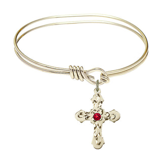 5 3/4 inch Oval Eye Hook Hamilton Gold Bangle Bracelet with a 14kt Gold Filled Cross charm. Engraved Catholic Saint Jewelry