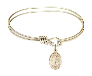 5 3/4 inch Oval Eye Hook Hamilton Gold Bangle Bracelet with a 14kt Gold Filled Saint Ann charm. Engraved Catholic Saint Jewelry