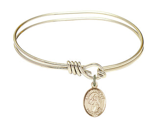 5 3/4 inch Oval Eye Hook Hamilton Gold Bangle Bracelet with a 14kt Gold Filled Saint Boniface charm. Engraved Catholic Saint Jewelry