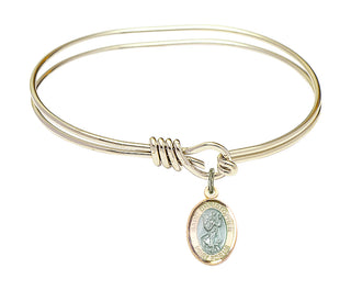 5 3/4 inch Oval Eye Hook Hamilton Gold Bangle Bracelet with a 14kt Gold Filled Saint Christopher charm. Engraved Catholic Saint Jewelry