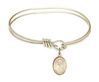 5 3/4 inch Oval Eye Hook Hamilton Gold Bangle Bracelet with a 14kt Gold Filled Saint Dennis charm. Engraved Catholic Saint Jewelry