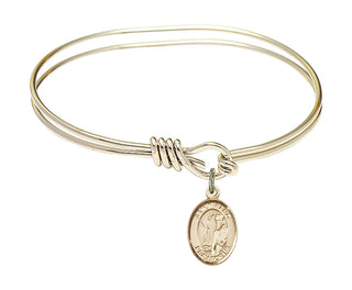 5 3/4 inch Oval Eye Hook Hamilton Gold Bangle Bracelet with a 14kt Gold Filled Saint Elmo charm. Engraved Catholic Saint Jewelry