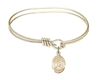 5 3/4 inch Oval Eye Hook Hamilton Gold Bangle Bracelet with a 14kt Gold Filled Saint Elizabeth of Hungary charm. Engraved Catholic Saint Jewelry