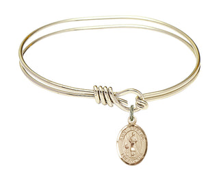 5 3/4 inch Oval Eye Hook Hamilton Gold Bangle Bracelet with a 14kt Gold Filled Saint Genesius of Rome charm. Engraved Catholic Saint Jewelry