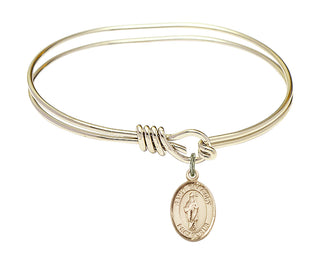 5 3/4 inch Oval Eye Hook Hamilton Gold Bangle Bracelet with a 14kt Gold Filled Saint Gregory the Great charm. Engraved Catholic Saint Jewelry
