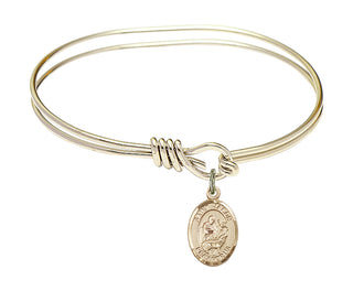 5 3/4 inch Oval Eye Hook Hamilton Gold Bangle Bracelet with a 14kt Gold Filled Saint Jason charm. Engraved Catholic Saint Jewelry