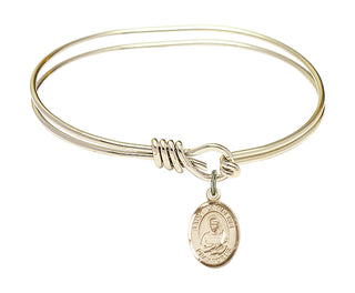 5 3/4 inch Oval Eye Hook Hamilton Gold Bangle Bracelet with a 14kt Gold Filled Saint Lawrence charm. Engraved Catholic Saint Jewelry