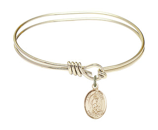 5 3/4 inch Oval Eye Hook Hamilton Gold Bangle Bracelet with a 14kt Gold Filled Saint Lazarus charm. Engraved Catholic Saint Jewelry